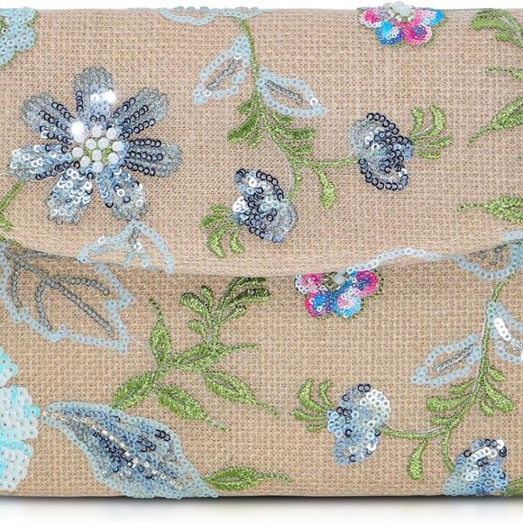 Artisan-Made Straw Clutch Purse: Sequin Embroidery for Summer Gatherings - Picture 1 of 8